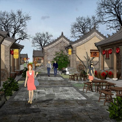 新中式古镇商业街su模型下载 