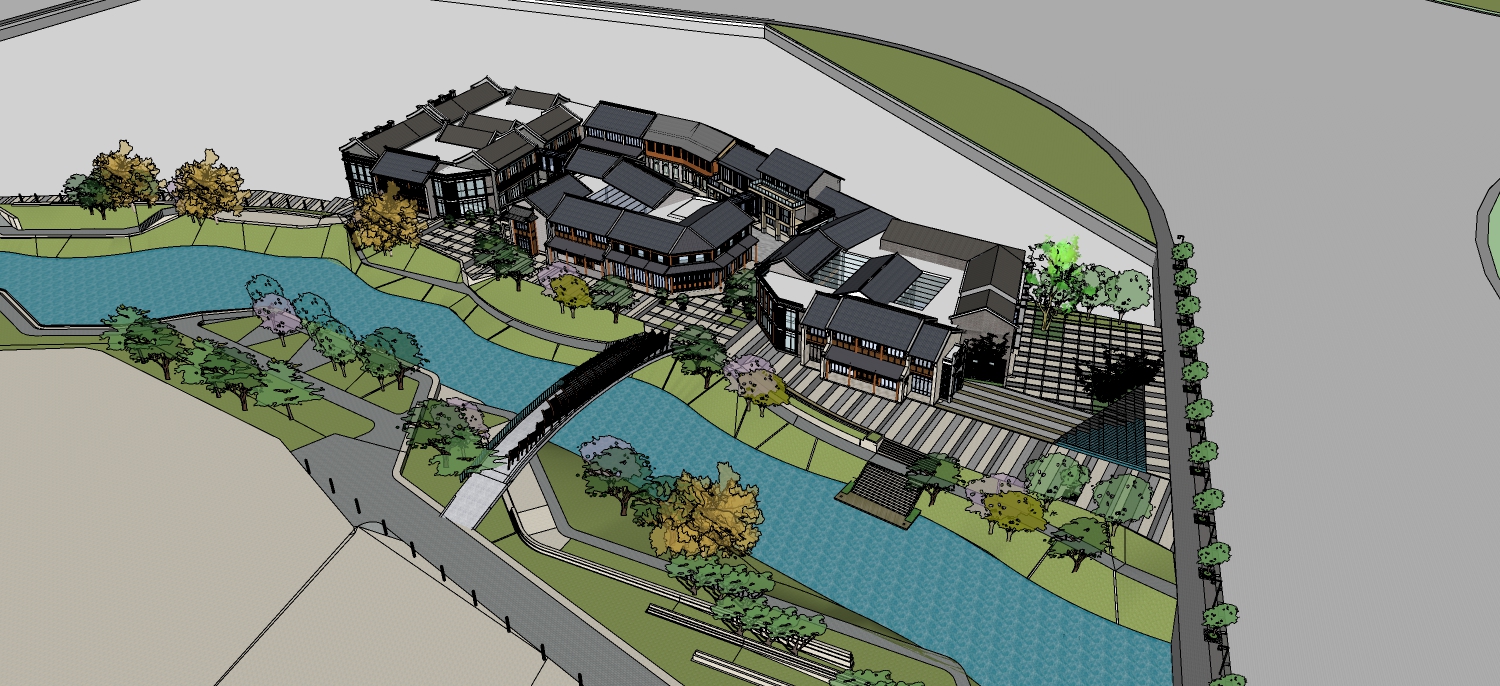  新中式古镇商业街su模型下载 