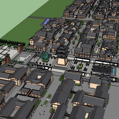  中式民俗古镇su模型下载 