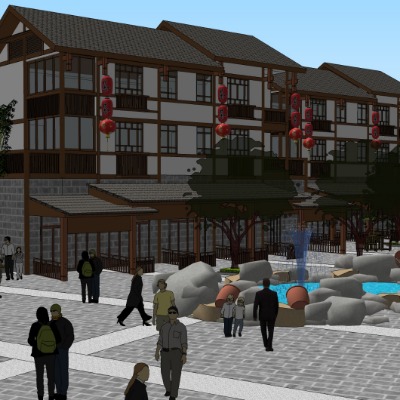  中式古建商业街su模型下载 