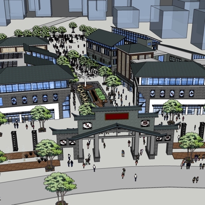  中式民俗商业街su模型下载 