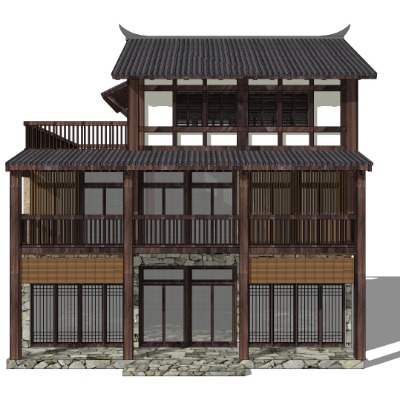  新中式古建民居外观su模型下载 