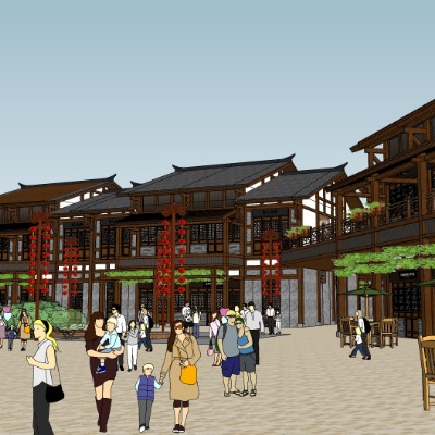  中式古镇商业街su模型下载 