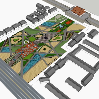  新中式广场公园鸟瞰su模型下载 