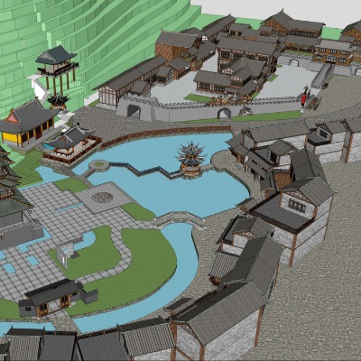  中式古镇城门古驿鸟瞰su模型下载 