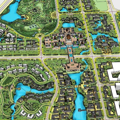  新中式城市鸟瞰规划su模型下载 