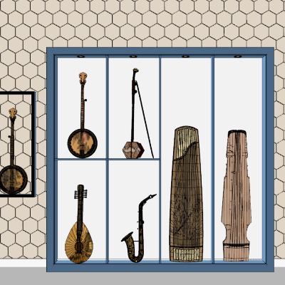  中式扬琴古筝二胡琵琶传统乐器su模型下载 