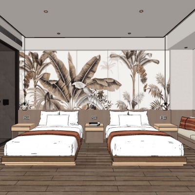  现代酒店双床客房su模型下载 