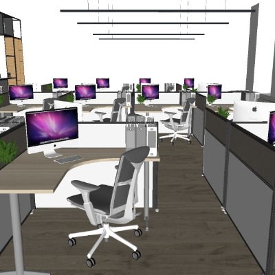  现代敞开式办公室su模型下载 