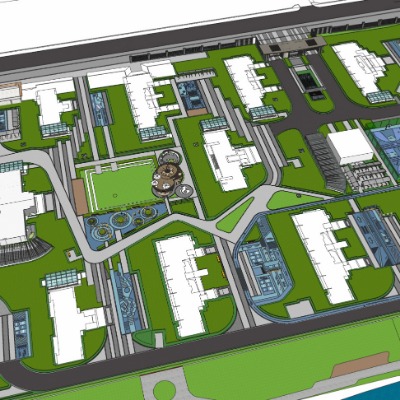  现代住宅小区鸟瞰规划su模型下载 