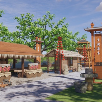  中式古建集市su模型下载 