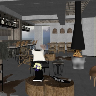  现代侘寂风民宿大厅su模型下载 