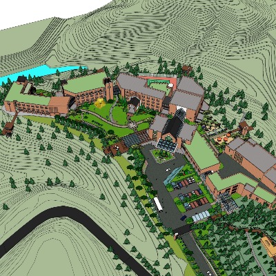  现代山地酒店鸟瞰su模型下载 
