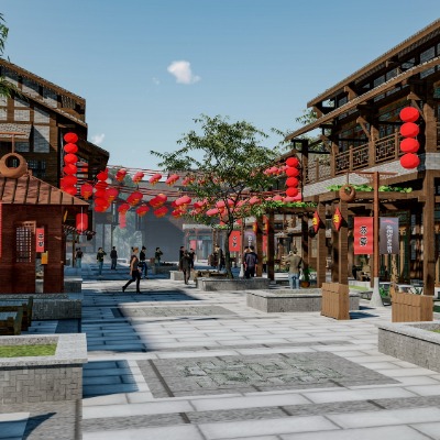  中式商业街古镇老街su模型下载 