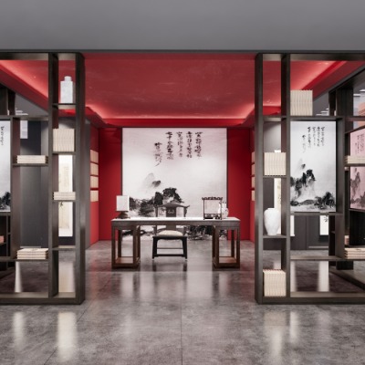  新中式书画展厅su模型下载 
