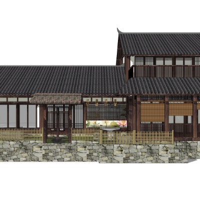  新中式古建民居外观su模型下载 