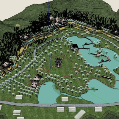  新中式旅游度假村鸟瞰su模型下载 