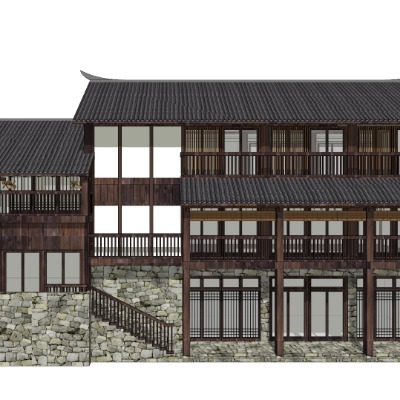  新中式古建民居外观su模型下载 