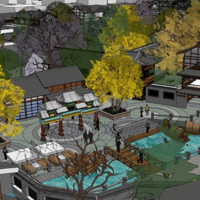  中式古镇商业街su模型下载 