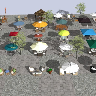  现代遮阳伞户外桌椅su模型下载 