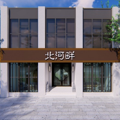  新中式茶餐厅门面门头su模型下载 