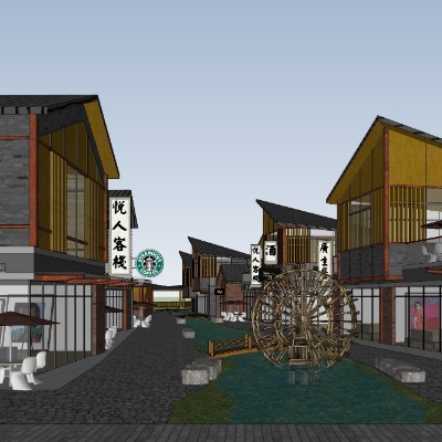  新中式商业街建筑外观su模型下载 