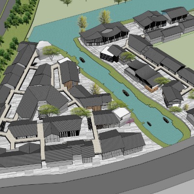  新中式商业街鸟瞰su模型下载 