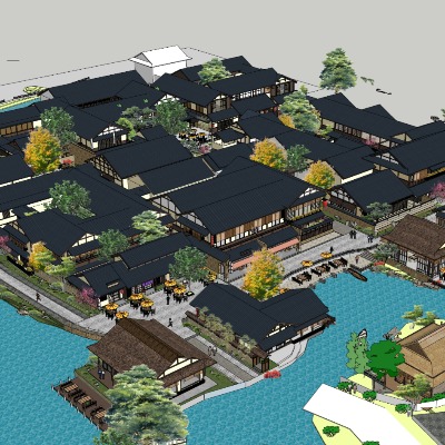  中式古镇度假村鸟瞰su模型下载 