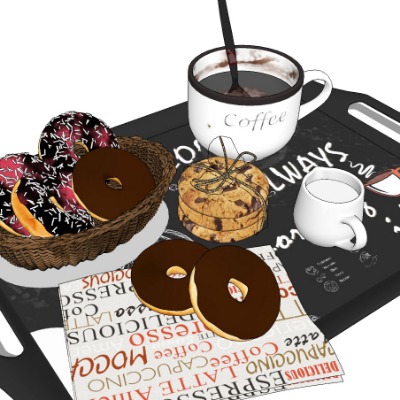  现代咖啡甜甜圈食品su模型下载 