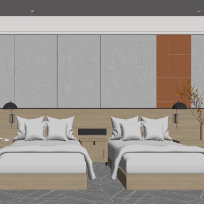  现代酒店双床客房su模型下载 