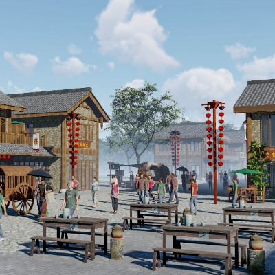  中式商业街古镇老街集市su模型下载 