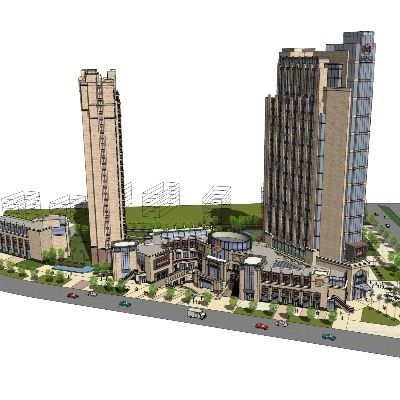  现代商业综合楼鸟瞰su模型下载 