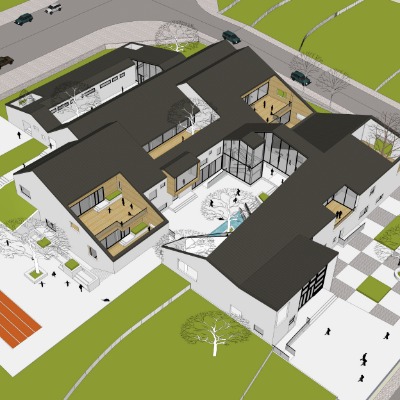  新中式博物馆鸟瞰su模型下载 