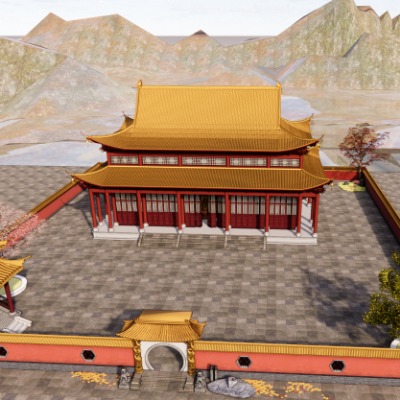  中式古建阁楼大殿su模型下载 