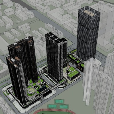  现代高层办公楼鸟瞰su模型下载 