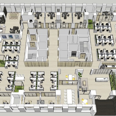  现代敞开式办公区su模型下载 