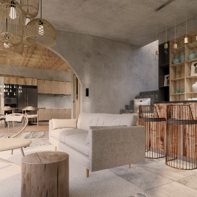  现代侘寂民宿大厅su模型下载 