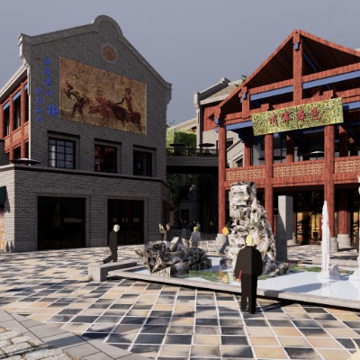  新中式民国风商业街su模型下载 