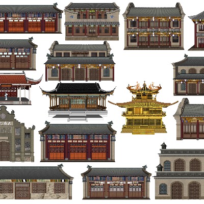  中式古建亭台楼阁su模型下载 