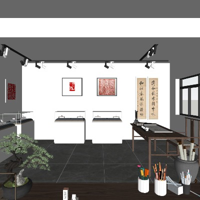  新中式书法篆刻展厅su模型下载 