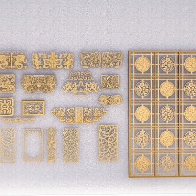  中式镂空花格雕花构件su模型下载 