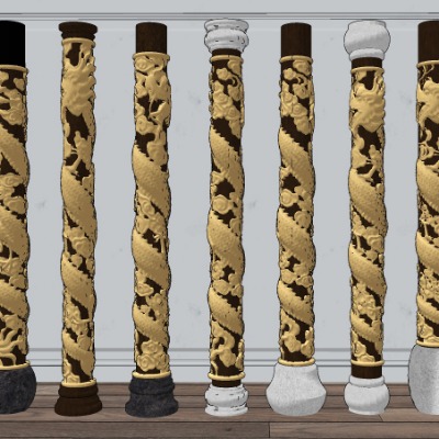  中式盘龙雕花柱子su模型下载 