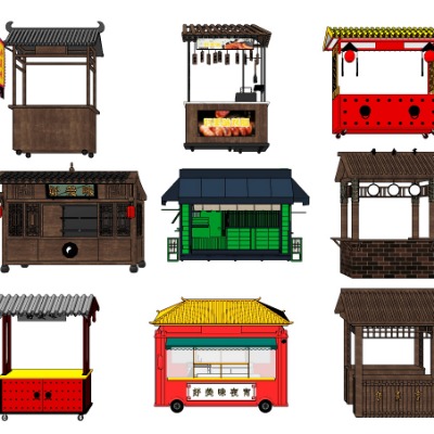  新中式花车售卖亭摊位su模型下载 