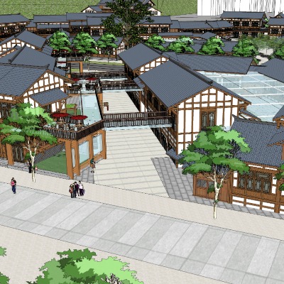  新中式古建商业街su模型下载 