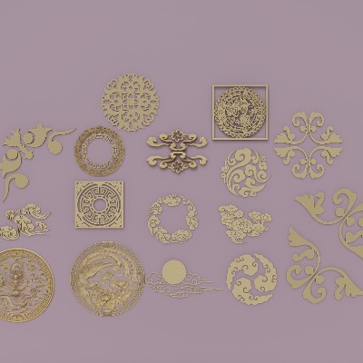  中式祥云海浪雕花构件su模型下载 