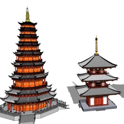  中式古建塔楼古塔su模型下载 