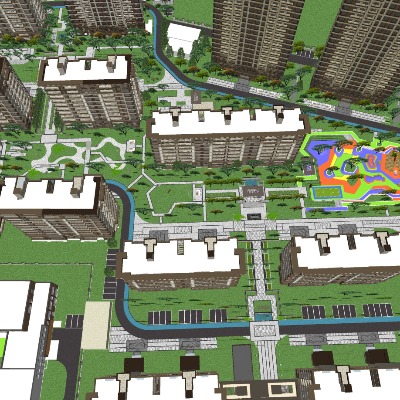  现代住宅小区鸟瞰su模型下载 