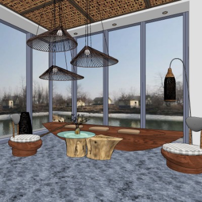  自然风原木公用椅su模型下载 