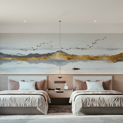  新中式酒店双床客房su模型下载 