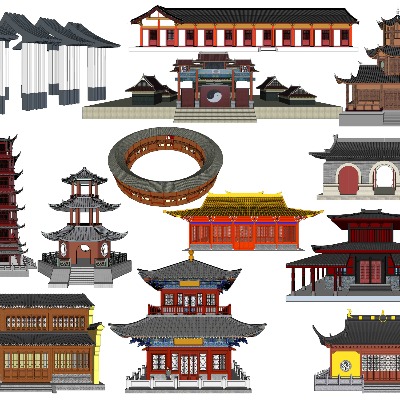  中式古建亭台楼阁su模型下载 